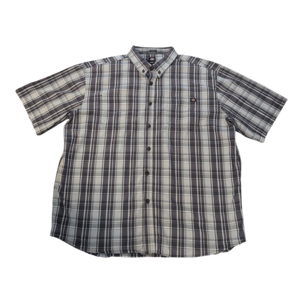 Dickies Relaxed Fit Gray Plaid  Button Collar Shirt Sleeve Shirt. Men's XL